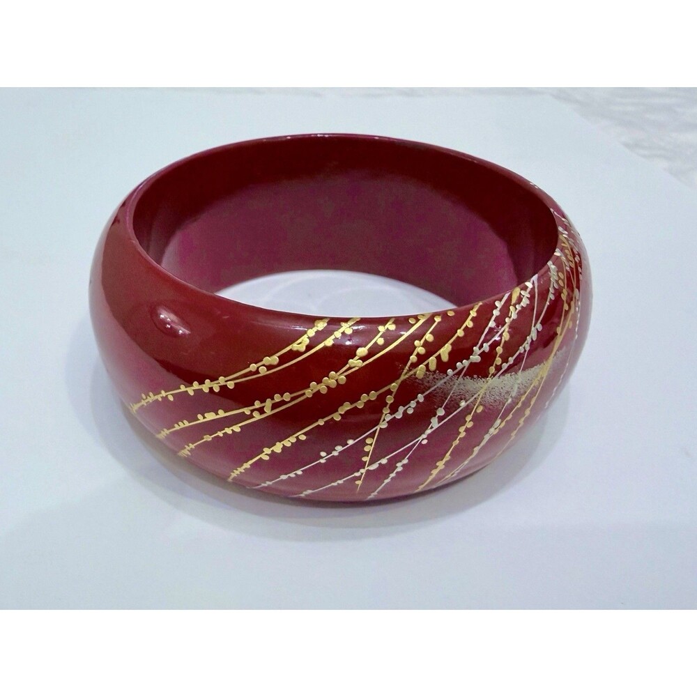 VTG Hand Painted Wood Bangle Bracelet Red Gold Lacquer
